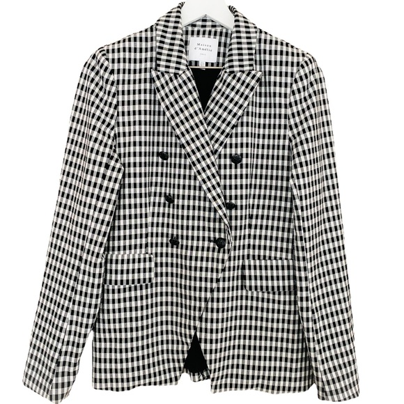 Maison d’ Amelie Jackets & Blazers - Maison d’ Amelie Black-White Classic Gingham Plaid Double Breasted Blazer Small